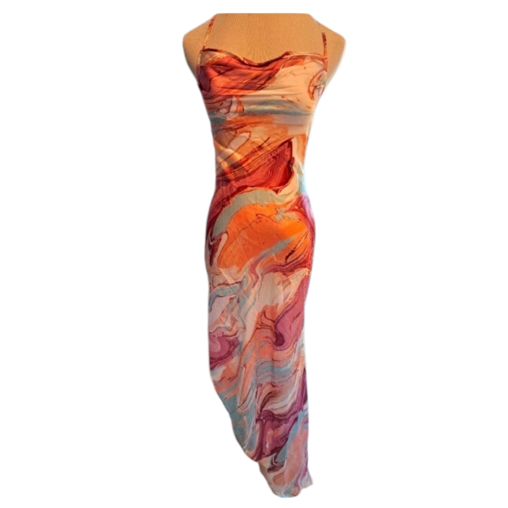 Cider Satin Asymmetrical Backless Maxi Dress. NWT XS